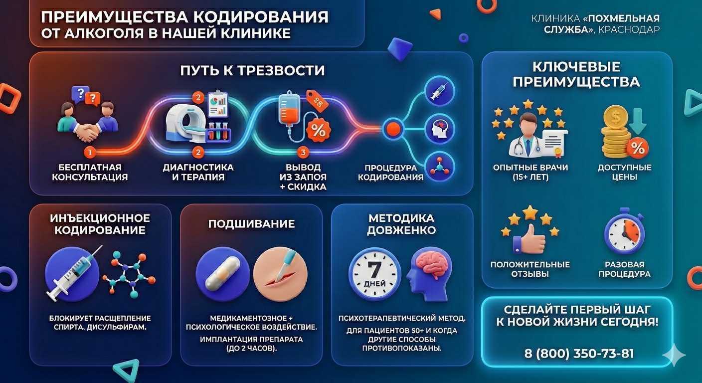 Инфографика о методах кодирования от алкоголя в Рославле: инъекции, подшивание, метод Довженко. Преимущества клиники и этапы лечения.